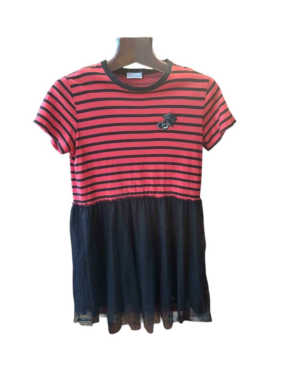 RED Valentino Pink and Black Striped Short Sleeve Dress with Tulle Skirt size M